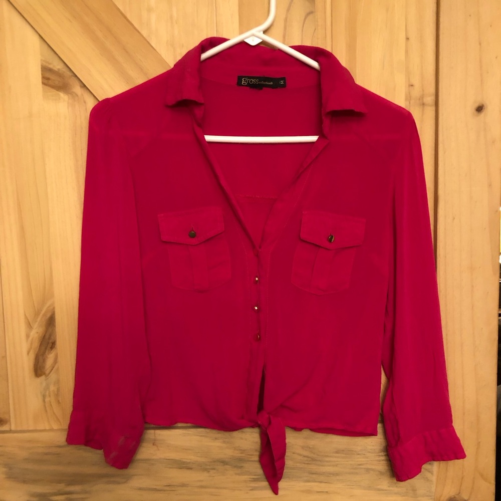 grass collection Bright Pink Tie-Front Button Down Shirt Size M